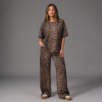 Ensemble de pyjama en soie de lait douce à imprimé léopard pour femme, t-shirt oversize à manches courtes et pantalon large, 2 pièces, vêtements de détente