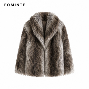 Abrigo de Piel Sintética Peluda Marrón Grisáceo de Lujo para <span class=keywords><strong>Mujer</strong></span>, Chaqueta Cálida de Invierno de Longitud Media, con Solapa Grande, Elegante y Moderna - Product Image 3