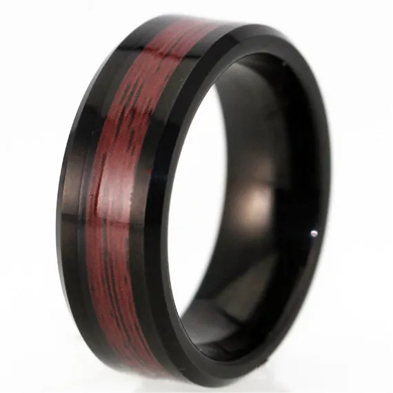 Grosir Pabrik cincin pernikahan pria cincin lapisan hitam Tungsten Inset kayu 8mm IP