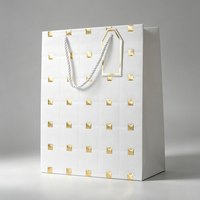 Premium Geschenktüte aus Hellgrauem Papier mit Geprägter Textur und Goldfolie, Luxuriöse Einkaufstasche mit Anhänger für Hochwertige Boutiquen