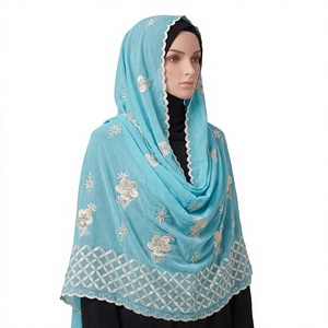 Pañuelo de Algodón Voile para Mujer al por Mayor, con Bordado Floral de Pedrería y Borde Geométrico, Ligero y Transpirable, OEM ODM - Product Image 4