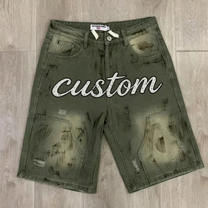 Hong Kong Custom Streetwear Letter-embroidered Designer Mens Denim Shorts Washed Ink-splatter Sketch Rhinestone Denim Shorts - Product Image 2