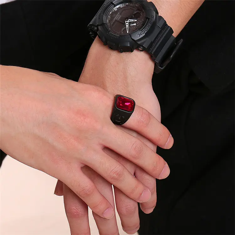 Black Men Ring Stainless Steel Big Square Statement Geometry Red Glass Stone Finger Ring