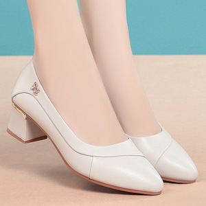 Factory Wholesale Black <b>Leather</b> <b>Pumps</b> - Gem Decor Pointed Toe Block Heel Office Daily Women's Shoes - Product Image 2