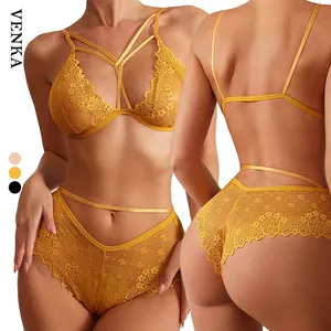 2023 Novo Design de Alta Qualidade Underwear Set Respirável SeeThrough Erótico Sexy Lace Oco V Profundo Sling Bra E Panty Set