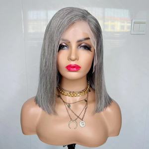 Granny Color <span class=keywords><strong>plata</strong></span> SDD doble dibujado <span class=keywords><strong>corto</strong></span> recto virgen brasileño cabello humano lejía nudos sin pegamento peluca con malla frontal para mujeres - Product Image 4