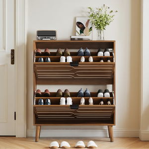 Modern Independent Shoe Cabinet 31.5 Inch Walnut <b>Storage</b> Cabinet with 2 Flip <b>Drawers</b> Fence Design - Product Image 6