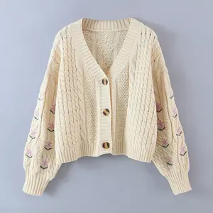 Custom Autumn Fashion Flower Embroidery Twists V-neck Lantern Sleeve Cardigan Women Sweater Knit Cardigans Coats