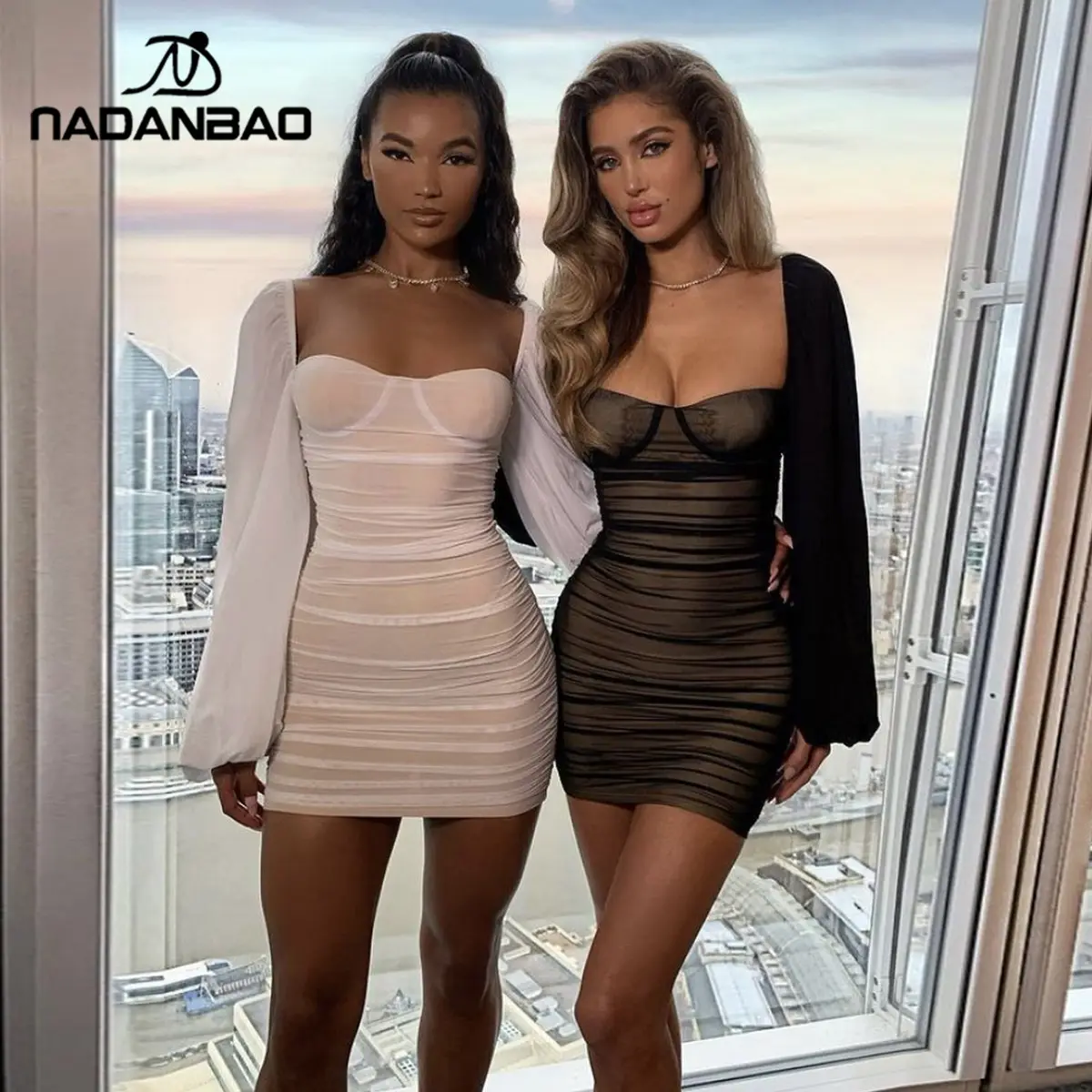 NADANBAO New Evening Dresses Stitching Puff Sleeve Mesh Long Sleeve Sexy Dress Women Club Dresses Elegant