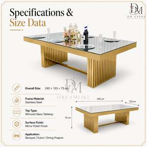 Mesa de Banquete Rectangular de Lujo con Espejo de Acero Inoxidable Dorado y Base de Doble Pedestal con Listones para Eventos, Venta al Por Mayor - Product Image 3