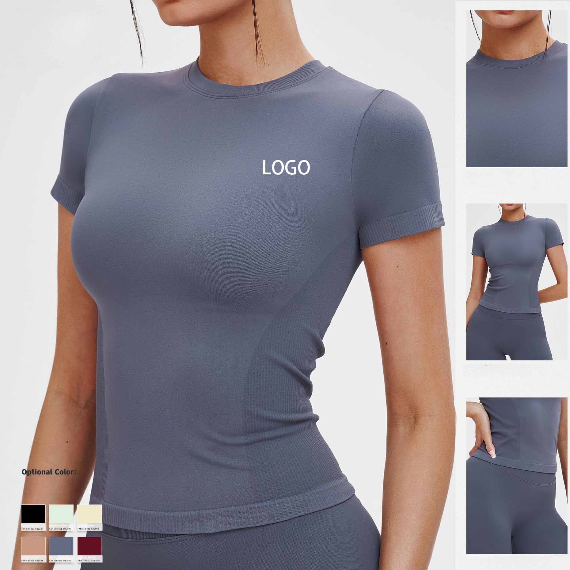 Custom LOGO Seamless Yoga Short Sleeve Round Neck Comfortable Sporty Solid Color Yoga T-Shirt for Outdoor Running and Exercise
