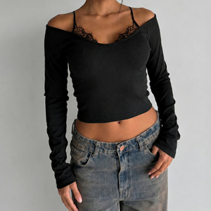 Black Breathable Solid Lace Trim <b>Crop</b> T-Shirt Women Long Sleeve Slim Fit Knit <b>Top</b> off Shoulder Casual Streetwear - Product Image 6