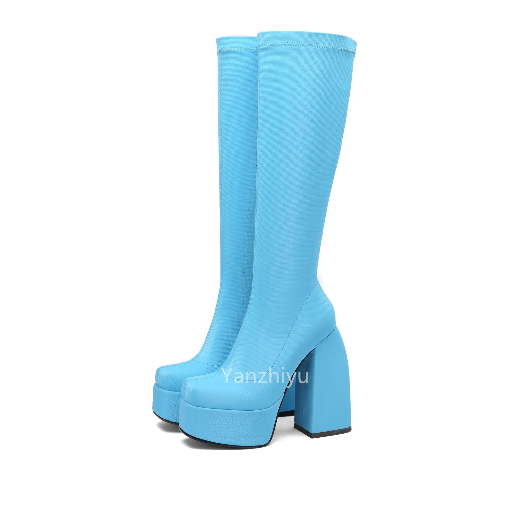 Custom Platform Long Boots Soft Stretch Leather Side Zipper Chunky Heel for Women Solid Blue Green Orange Women Knee High Boots