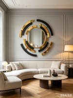 Miroir mural rond abstrait noir et or de luxe, miroir décoratif incurvé et assemblé de style Art déco moderne pour entrée d'hôtel ou de villa