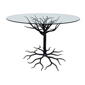 Table console ronde moderne en métal avec base en forme de racine d'arbre, plateau en verre trempé, fabrication artisanale, style contemporain pour salon - Product Image 1
