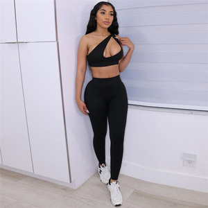 Été <span class=keywords><strong>2022</strong></span>-Top moulant à épaules inclinées et pantalon de sport taille haute-Pantalon sexy 2 pièces-Ensemble pour femmes - Product Image 1