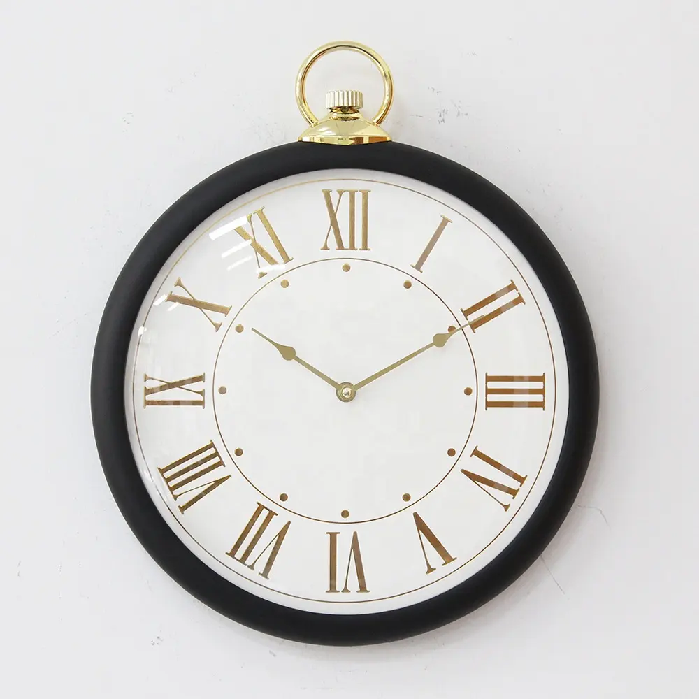 Wall Clock Pocket Watch Style 12 Inch Modern Silent Quartz Wall Clock with Arch Glass and Small Gold Ring for Living Room