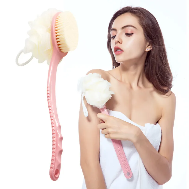 Nhãn Hiệu Riêng Đôi Mặt Nhựa Nylon Lông Dài Xử Lý Vòi Hoa Sen Trở Lại Massager Bàn Chải Tắm Với Tổng Hợp Lông Và Bóng