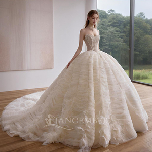Lsgz13 Gorgeous Champagne Sweetheart Lace Corset <b>Tiered</b> Ruffle Cloud Ball Gown <b>Wedding</b> <b>Dress</b> Cathedral Train Jancemebr - Product Image 1
