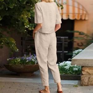 Damen Baumwolle Leinen Sommer Halbarm O-Ausschnitt Top T-Shirt Wide Leg Pants Casual 2-teiliges Set Sehe Fashion - Product Image 5