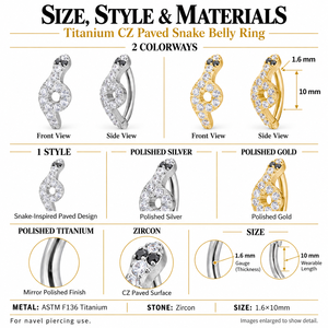 <span class=keywords><strong>Piercing</strong></span> per <span class=keywords><strong>ombelico</strong></span> a serpente in titanio ASTM F136 con pavé di zirconi, bilanciere curvo 14G 1.6x10mm, gioielli per <span class=keywords><strong>piercing</strong></span> al corpo, <span class=keywords><strong>argento</strong></span> oro, all'ingrosso - Product Image 2