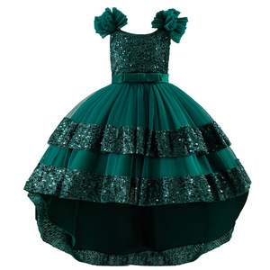 Robe de princesse pour filles, robe de bal à sequins, col halter, en tulle, pour fête d'anniversaire, robe de cérémonie avec traîne et nœud 9003 - Product Image 5
