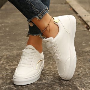 Zapatillas Blancas para Mujer <span class=keywords><strong>con</strong></span> Detalles Dorados, <span class=keywords><strong>con</strong></span> Cordones, Planas, Casuales, para Caminar, <span class=keywords><strong>con</strong></span> Plataforma y Suela Gruesa, Estilo <span class=keywords><strong>Tenis</strong></span> - Product Image 6