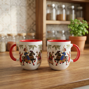 Tazas de Café de Cerámica Tradicionales Chinas, Diseño de Jinete, Cuerpo Blanco con Asa Roja, Juego de Tazas Duraderas - Product Image 3