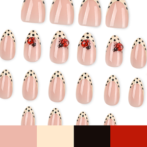 Faux ongles 3D roses en amande à presser avec pointes à pois crème et motif coccinelle, ongles artificiels brillants réutilisables pour manucure estivale 4618 - Product Image 5