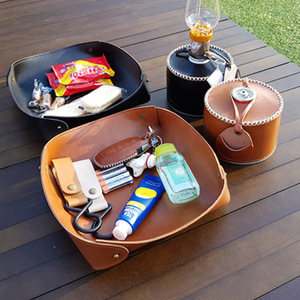 Bandeja de almacenamiento plegable simple de cuero PU para acampar al aire libre, picnics y artículos diversos; adecuada para el hogar y el coche. - Product Image 1
