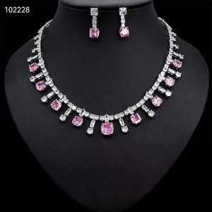 HIBRIDE kalung dan anting-anting pernikahan, set perhiasan anting-anting bentuk persegi terang zirkonia kubik mewah untuk N-423 wanita - Product Image 5