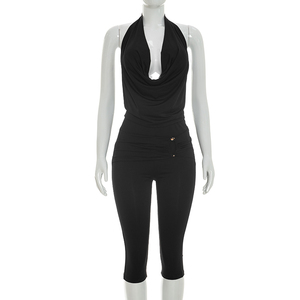 Viviblook J26ST138 Women Summer <b>Set</b> <b>Sexy</b> Mesh Straps Backless Halter Tank Top Cropped Pants Two Piece <b>Set</b> - Product Image 4