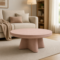 Table basse ronde Ellok, base en forme d'étoile rose clair, table basse à moyenne hauteur, avec finition en daim mat pour salon