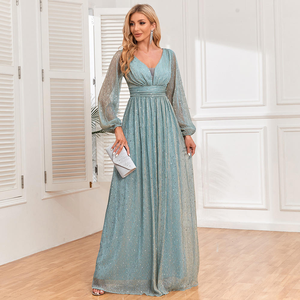 <span class=keywords><strong>Robe</strong></span> de soirée élégante pour femme, à manches longues, col en V, fluide, doublée, plissée, extensible, transparente, pour les occasions formelles - Product Image 1