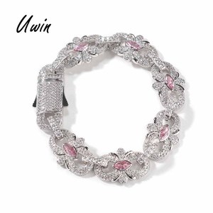 สร้อยคอแบบโซ่ลายผีเสื้อ Uwin ประดับเพชร CZ สีชมพูและสีน้ำเงินทรงมาร์ควิส ดีไซน์ฮิปฮอป รูปดอกไม้ สำหรับผู้หญิงและผู้ชาย - Product Image 1