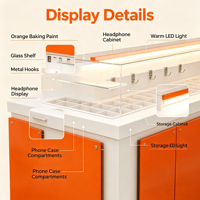 Meuble de présentation mobile personnalisé orange et blanc pour boutique, comptoir de service multi-niveaux avec vitrine d'accessoires muraux et grand rangement