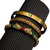 Ensemble de bracelets ouverts tendance en acier inoxydable tressé avec pierres naturelles à double tête de léopard, style européen et américain, pour le marché transfrontalier