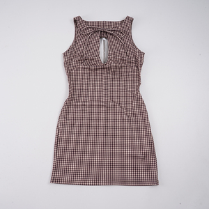 Robe Courte Élégante à Col Goutte d'Eau et Découpes, Imprimé Plaid Rétro Français, Nouvelle Collection Été Mini - Product Image 6