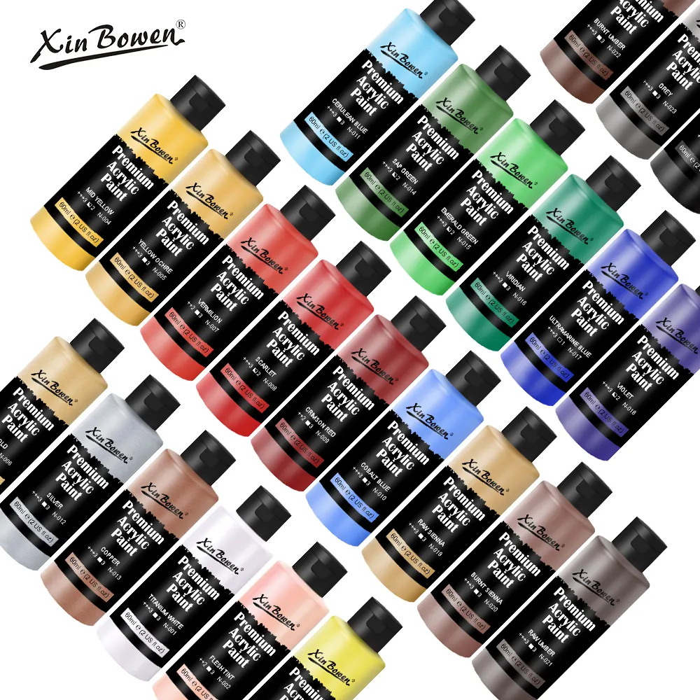 Xin Bowen 60ML Ensemble de peinture acrylique 24 couleurs avec couleur métallique Pigment de qualité artistique écologique