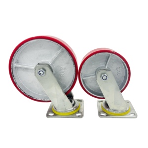 Rodízios Giratórios de Ferro Pesado com Rolamento Duplo de 6 Polegadas, Núcleo de Ferro, PU Vermelho, com Freio Total e Revestimento Zincado - Product Image 4
