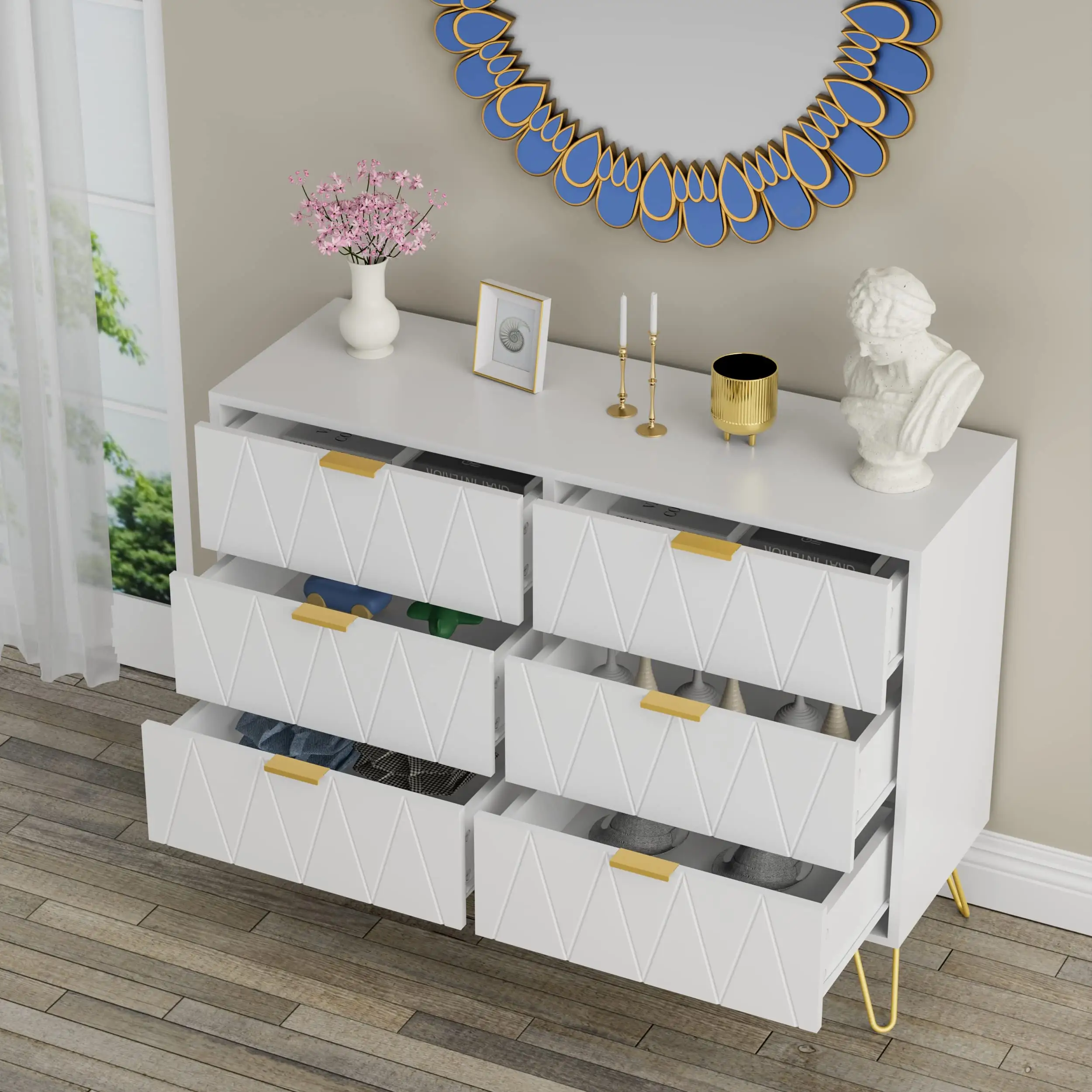 new design hot selling product 6 Drawer Double Dual Chest of Drawers for Bedroom with Gold Handles White