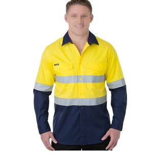 在庫品 高視認性 通気性 綿 イエロー/ネイビー ツートン 長袖 建設 反射 安全 UPF50+ Hi-Vis 作業シャツ - Product Image 1