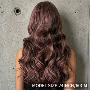 Parrucca ondulata <span class=keywords><strong>rosa</strong></span> con riflessi <span class=keywords><strong>fucsia</strong></span> da 26 pollici, adatta per donne con frangia, <span class=keywords><strong>capelli</strong></span> sintetici resistenti al calore, stile elegante Sm412 - 12 - Product Image 2