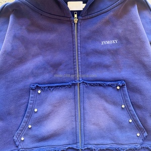 Fabricant de vêtements – Nouveaux sweats à capuche personnalisés avec fermeture éclair, style streetwear, coupe oversize et ample, 100 % coton, effet délavé à l'acide, avec strass, pour hommes - Product Image 3