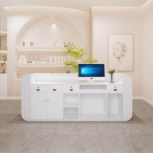 Mostrador de Recepción Moderno Color <span class=keywords><strong>Crema</strong></span>, Superventas, Personalizado, para Salón de Belleza, Mesa de Recepción Pequeña, Mostrador Circular para Salón de Uñas - Product Image 5