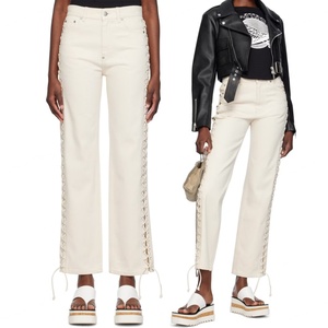 Pantalon en jean droit personnalisé pour femmes, pantalon à lacets, blanc, 100% coton denim - Product Image 6