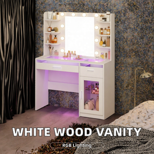 White Contemporary <b>Makeup</b> <b>Vanity</b> Desk Mirror LED <b>Lights</b> RGB Cabinet Drawers- Shelves <b>for</b> Bedroom - Product Image 2