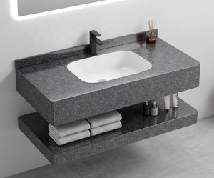 Meuble-lavabo de salle de bain moderne avec éclairage LED, lavabo intégré et étagère de rangement en pierre frittée, de haute qualité et élégant - Product Image 2