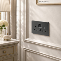 Panneau d'interrupteur mural en verre trempé gris industriel, 4 prises, 16A, prise standard britannique, grand interrupteur 1/2 voie pour éclairage électrique