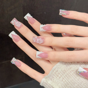 Ongles à presser Design <span class=keywords><strong>K2</strong></span> de luxe rose et blanc, faits main, en acrylique de haute qualité, avec strass français et fleurs 3D en gel, faux ongles. - Product Image 3